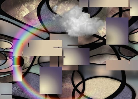 Modern Geometric Abstract. Rainbow and Cloud. Curved lines