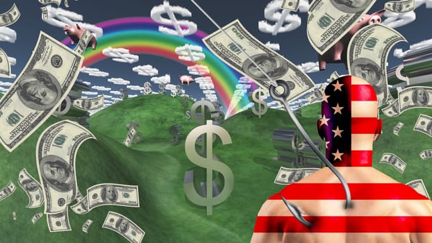 American man is hooked before wealth landscape