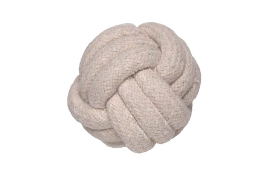 Rope isolated. Close-up of a rope knote ball. Macro. Knoted rope dog toy.
