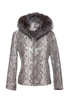 Woman clothes. Stylish gray female leather jacket with fur hood on mannequin isolated on a white background. Leather fashion.