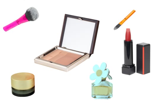 Cosmetic products. Collage Set or collection of cosmetic and beauty products isolated on a white background. Woman accessories.