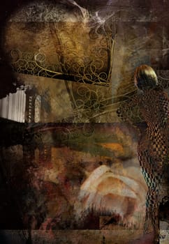Composition in depressed colors. Blond woman in checkered pattern. Urban background in grunge style