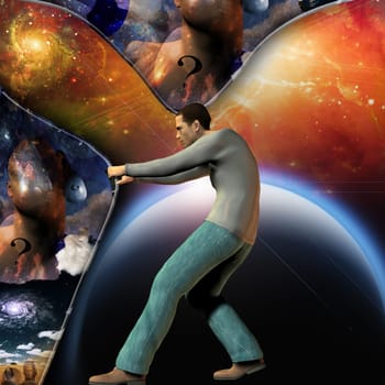 Man stretches space curtain to show power of another dimension beneath