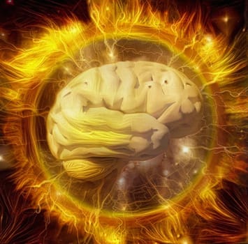 Vivid composition. Power of mind. Human brain radiates electric charges in circle of fire