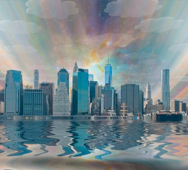 Fantasy New York City. Colorful starry sky
