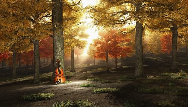 Violin in autumn park. Sunset or sunrise
