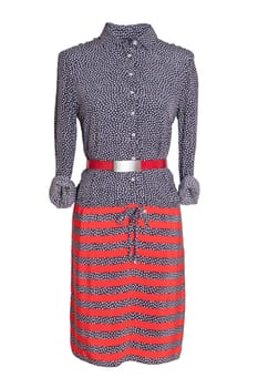 Woman spring summer dress. Women's blue and red striped dress with a red belt on a mannequin isolated on a white background. Summer fashion. Party and cocktail dresses.