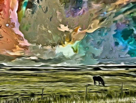 Surreal digital art. Grace horse grazes in the field. Vivid colorful sky with stars and galaxies.