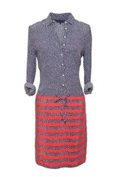 Woman spring summer dress. Women's blue and red striped on a mannequin isolated on a white background. Summer fashion. Party and cocktail dresses.