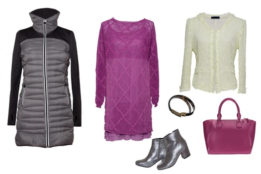 Collage woman clothes. Set of stylish and trendy women dresses, coat and accessories isolated on a white background. Latest fashion trends.