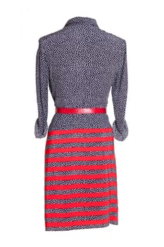 Woman spring summer dress. Women's blue and red striped dress with a red belt on a mannequin isolated on a white background. Summer fashion. Back view.