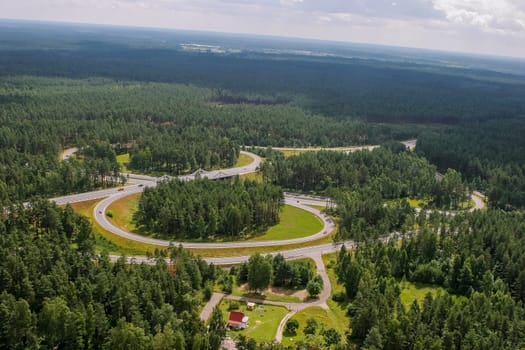 Aerial view of road in Latvia. Latvia from above.