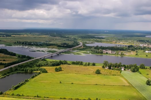Aerial view of river Lielupe bridge, Latvia. Latvia from above.
