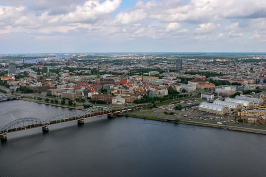 Aerial view of Riga city- capital of Latvia. Riga from air. Aerial view of river Daugava in Riga city.