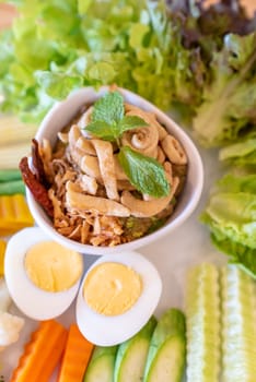 Nam phrik, Thai eggplant organic chili paste with variety vegetable and egg.  Thai traditional food cuisine.
