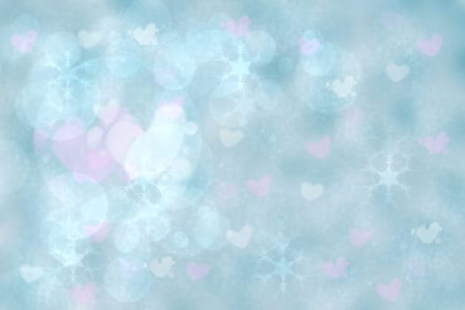 Abstract festive illustration. Abstract festive blurred light blue gradient pink background texture with love bokeh hearts and circles. Beautiful template for valentine, wedding or other holidays.