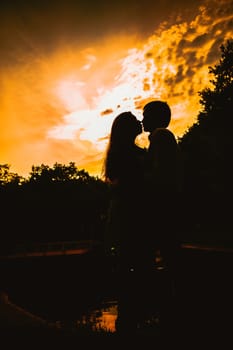 Beautiful young couple on the sunset background.