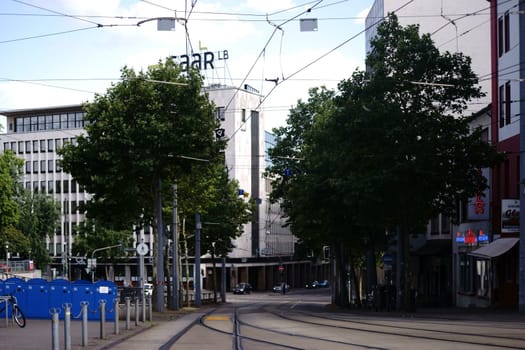 Saarbruecken, Germany - July 29, 2018: A crossroads with traffic in the banking district of Saarbruecken at the Federal State Bank Saarland, the Saar LB on July 29, 2018 in Saarbruecken.