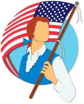 Paper cut style illustration of an American Patriot holding a star spangled, stars and stripes USA flag set inside circle done in retro, decorative papercut design.