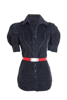 Spring and autumn fashion blouse. A elegant female black spring blouse with a red belt isolated on a white background. Women fashion.