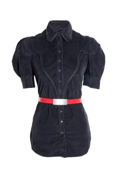Spring and autumn fashion blouse. A elegant female black spring blouse with a red belt isolated on a white background. Women fashion.