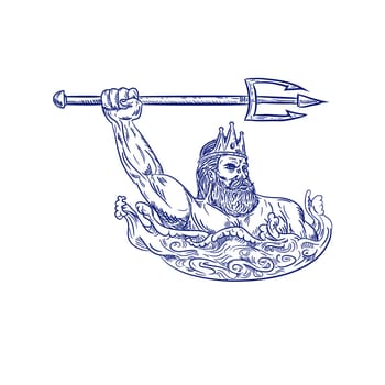 Drawing sketch style illustration of Triton, a Greek god, the messenger of the sea, son of Poseidon and Amphitrite, wielding trident on sea with waves on isolated white background.