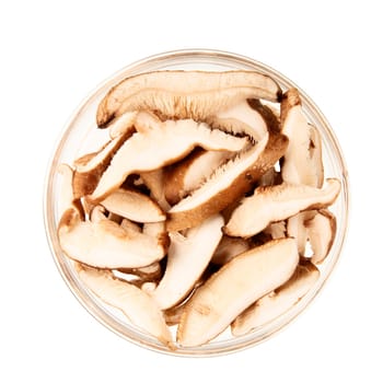 Shiitake mushroom slices in a glass bowl and isolated on a white background.