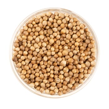 Glass bowl full of coriander seeds isolated on a white background viewed from direclty above.