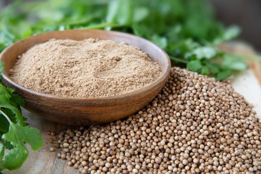Bowl of ground coriander surrounded by whole coriander seeds and fresh cilantro leaves