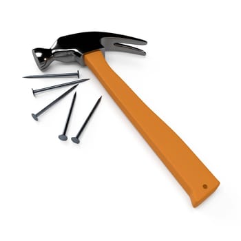 Hammer and nails on white background, isolated. 3D rendering