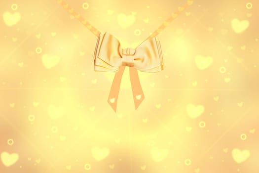 Festive backgrounds. Abstract festive blur bright golden background with golden ribbon bow for valentine or wedding. Romantic textured backdrop with space for your design. Card concept.
