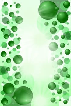 Green balls abstract background. Vertically. Balls and the circles are on both sides of illustration. In the middle is a bright spot with flash suitable for inscription.