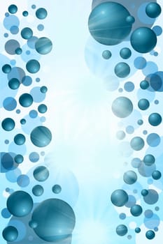 Blue ballsl abstract background. Vertically. Balls and the circles are on both sides of illustration. In the middle is a bright spot with flash suitable for inscription.