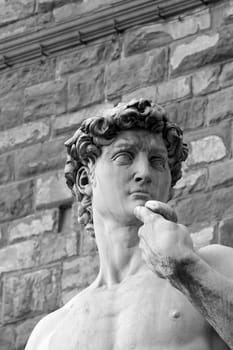 The BW David sculpture  by Michelangelo in Florence. Detail of the head.