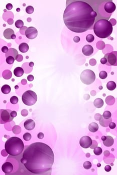 Purple balls abstract background. Vertically. Balls and the circles are on both sides of illustration. In the middle is a bright spot with flash suitable for inscription.