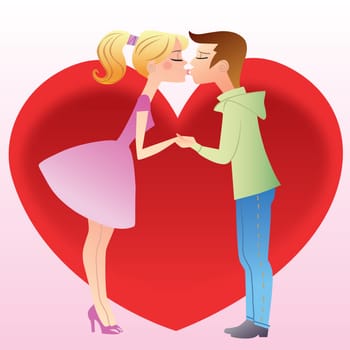 First kiss a girl and boy. Young people kissing on the background of a big red heart