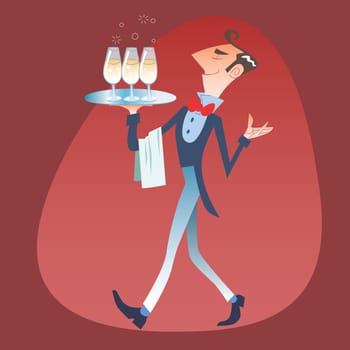 Elegant waiter carries a tray of glasses