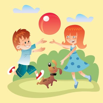 Boy, girl and dog playing ball on the lawn on a clear day