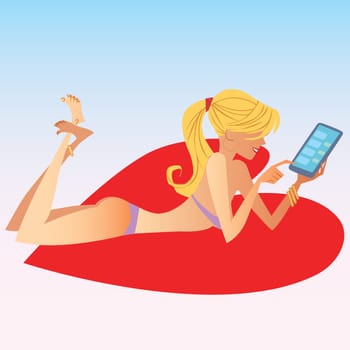 The blonde girl in swimsuit deals on smartphone on the Mat in the shape of a heart