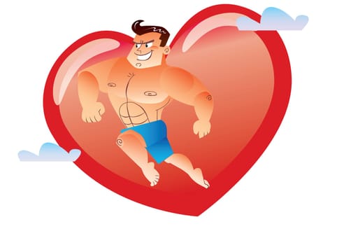 Macho man with a naked torso runs on the background red hearts and clouds