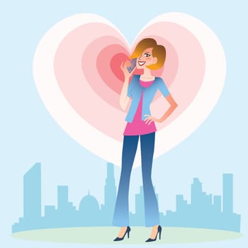 Young woman on the background of the city talking on the phone from which emanate waves of the heart