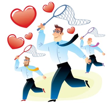 office workers men in search of love caught red heart butterfly net for butterflies