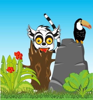 Bright landscape green jungle and animal and birds dwelling in them