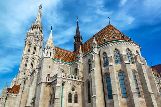 St. Matthias church with a beautiful blue sky at Fishermans Bastion in Budapest, Hungary
