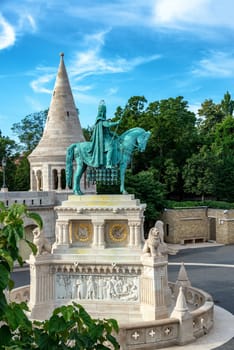 Statue of St. Stephen at Fishermans Bastion in Budapest, Hungary