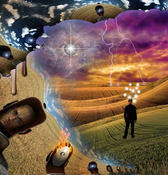 Surreal composition. Men's heads with different thoughts. Businessman with light bulbs around head stands in the field. 3D rendering