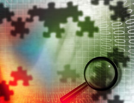 Internet Search. Magnify glass, puzzle pieces and binary code