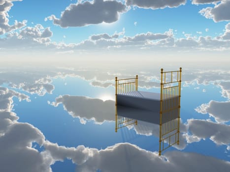 Bed in cloudy sky. Dreams