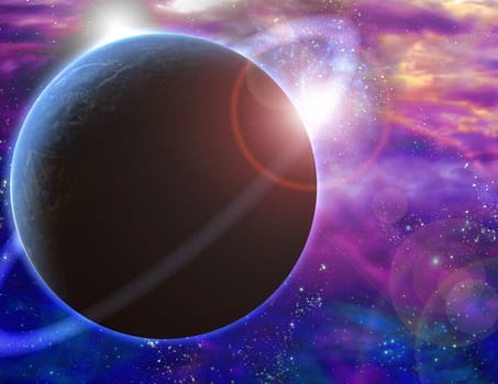 Planet and cosmos. Rising sun in vivid space
