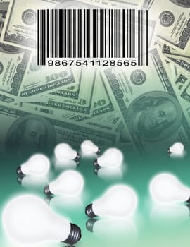 Symbolic composition. Money and bar code, light bulbs represents business ideas